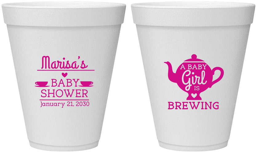 Personalized Baby Shower 12 oz Foam Cups - Baby Girl Is Brewing | 90034