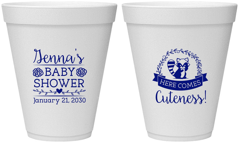 Personalized Baby Shower 12 oz Foam Cups - Racoon Cuteness | 90037