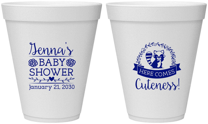 Personalized Baby Shower 12 oz Foam Cups - Racoon Cuteness | 90037