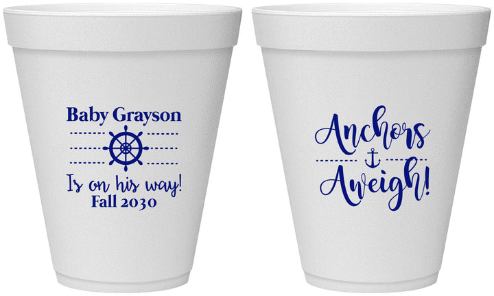 Personalized Baby Shower 12 oz Foam Cups - Nautical Anchors Aweigh | 90054