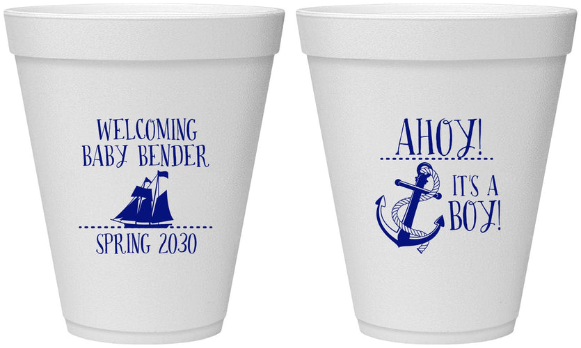 Personalized Baby Shower 12 oz Foam Cups - Nautical Ahoy It’s A Boy | 90055