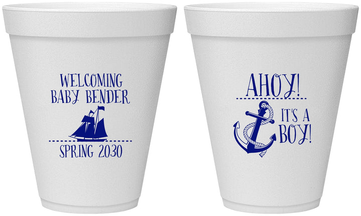 Personalized Baby Shower 12 oz Foam Cups - Nautical Ahoy It’s A Boy | 90055