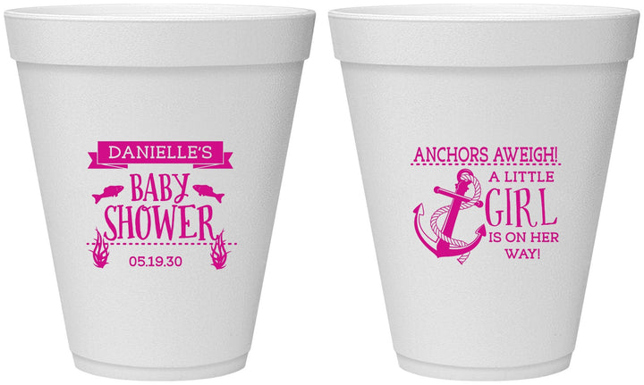 Personalized Baby Shower 12 oz Foam Cups - Anchors Aweigh Little Girl | 90056