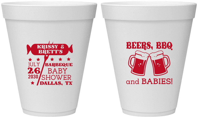 Personalized Baby Shower 12 oz Foam Cups - Beers Bbq Babies | 90060