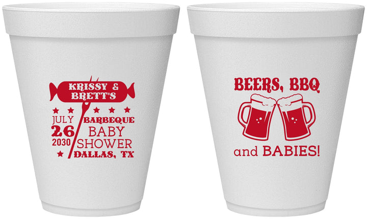 Personalized Baby Shower 12 oz Foam Cups - Beers Bbq Babies | 90060