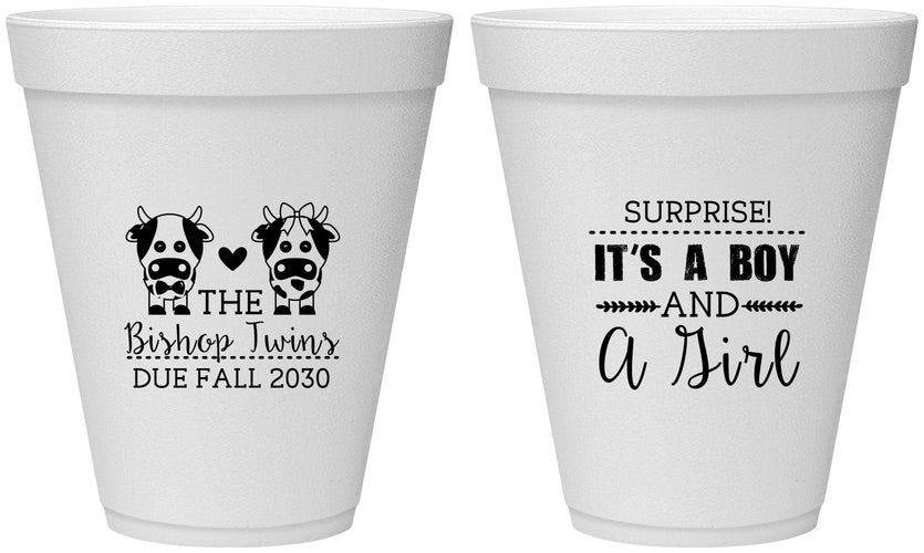 Personalized Baby Shower 12 oz Foam Cups - Twins Baby Cows | 90067
