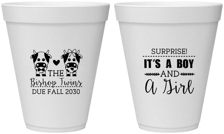 Personalized Baby Shower 12 oz Foam Cups - Twins Baby Cows | 90067