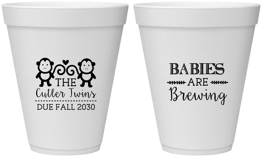 Personalized Baby Shower 12 oz Foam Cups - Twins Baby Monkeys | 90068