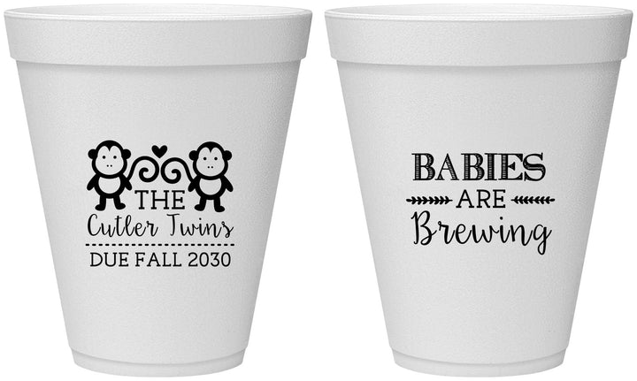 Personalized Baby Shower 12 oz Foam Cups - Twins Baby Monkeys | 90068