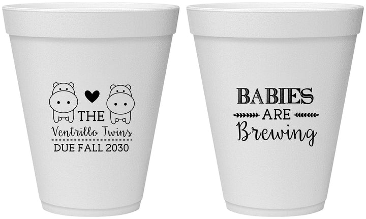 Personalized Baby Shower 12 oz Foam Cups - Twins Baby Hippos | 90069