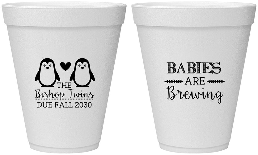 Personalized Baby Shower 12 oz Foam Cups - Twins Baby Penguins | 90070