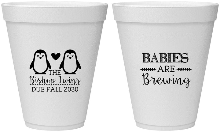 Personalized Baby Shower 12 oz Foam Cups - Twins Baby Penguins | 90070