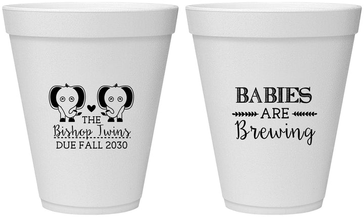 Personalized Baby Shower 12 oz Foam Cups - Twins Baby Elephant | 90071