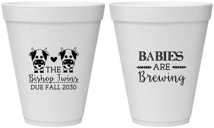 Personalized Baby Shower 12 oz Foam Cups - Twins Baby Cows | 90072