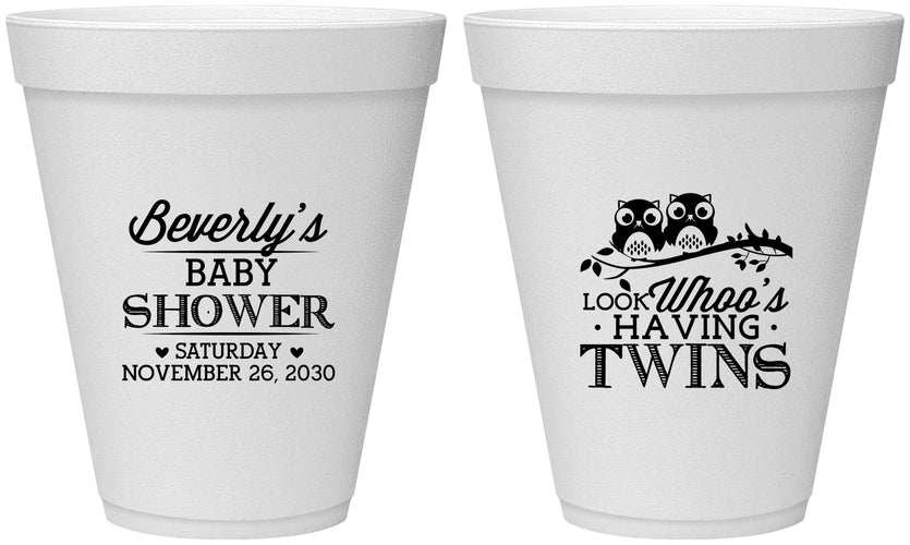 Personalized Baby Shower 12 oz Foam Cups - Twins Baby Owls | 90074