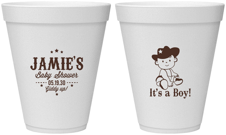 Personalized Baby Shower 12 oz Foam Cups - Cowboy It’s A Boy | 90078