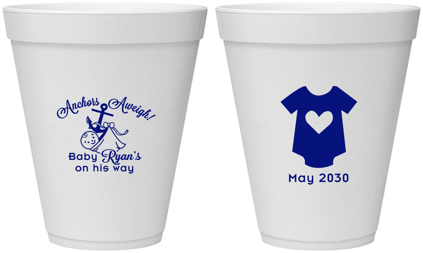 Personalized Baby Shower 12 oz Foam Cups - Nautical Anchors Aweigh | 90083