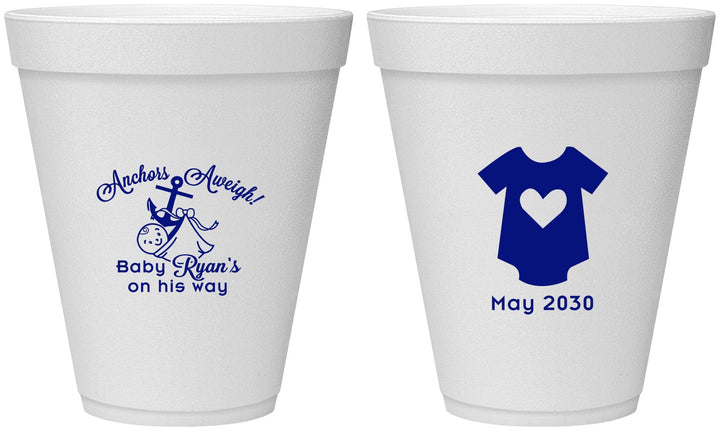 Personalized Baby Shower 12 oz Foam Cups - Nautical Anchors Aweigh | 90083