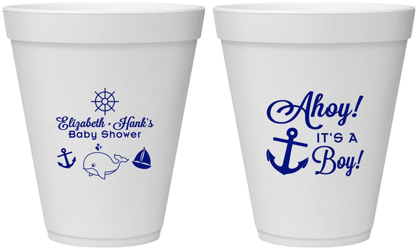 Personalized Baby Shower 12 oz Foam Cups - Nautical Ahoy It’s A Boy | 90093