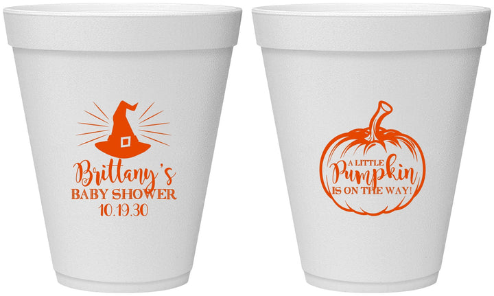 Personalized Baby Shower 12 oz Foam Cups - Little Pumpkin Halloween | 90196