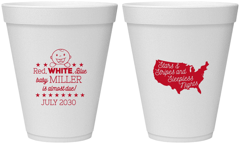 Personalized Baby Shower 12 oz Foam Cups - Red White Blue | 90197
