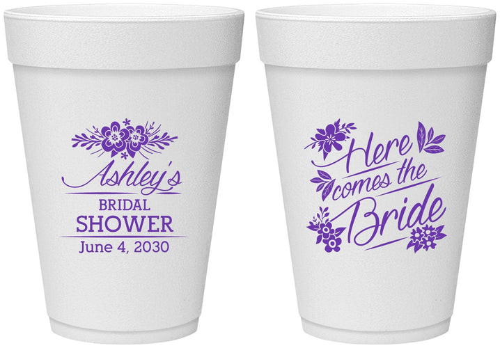Personalized Bridal Shower 16 oz Foam Cups - Here Comes The Bride | 100000