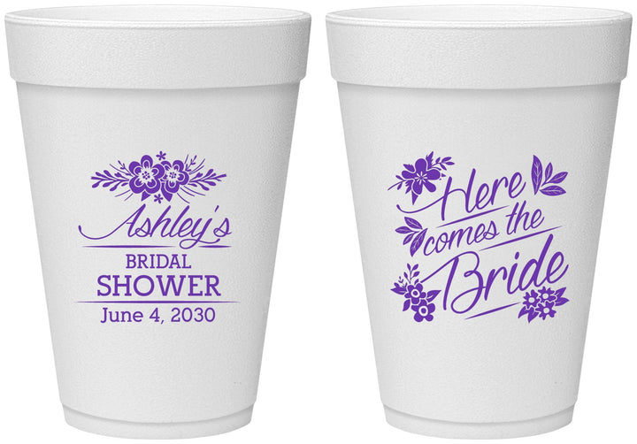 Personalized Bridal Shower 16 oz Foam Cups - Here Comes The Bride | 100000