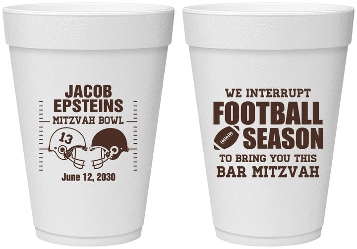 Personalized Bar Mitzvah 16 oz Foam Cups - 13th Birthday Football | 110003