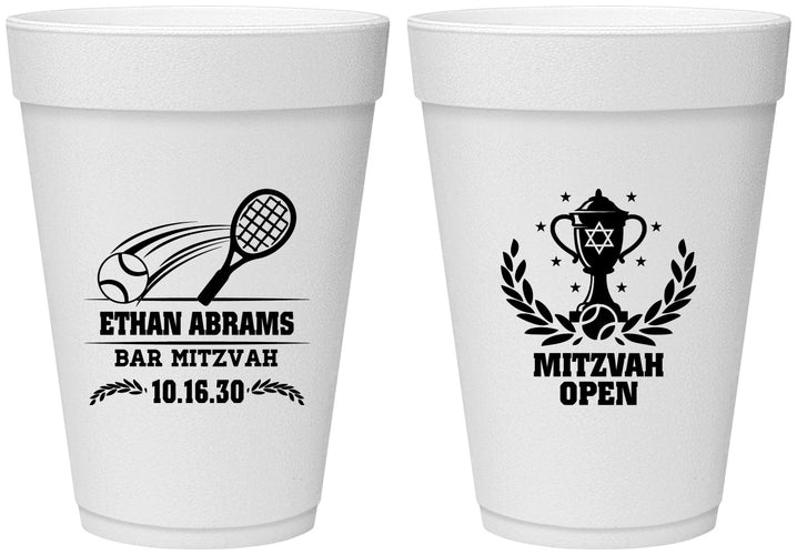 Personalized Bar Mitzvah 16 oz Foam Cups - 13th Birthday Tennis | 110011
