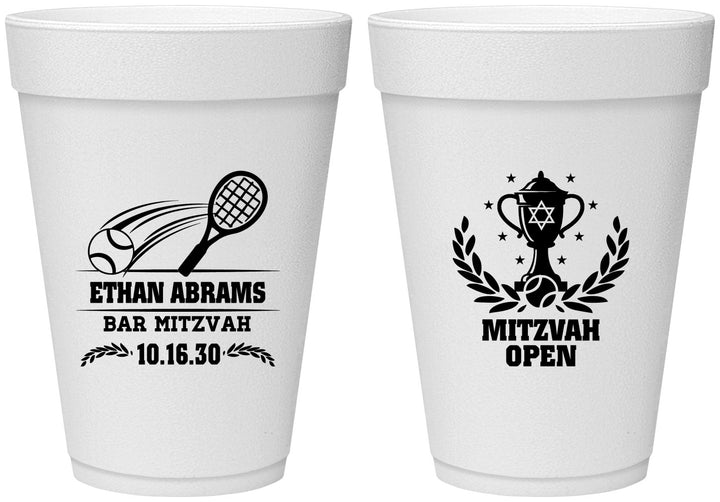 Personalized Bar Mitzvah 16 oz Foam Cups - 13th Birthday Tennis | 110011