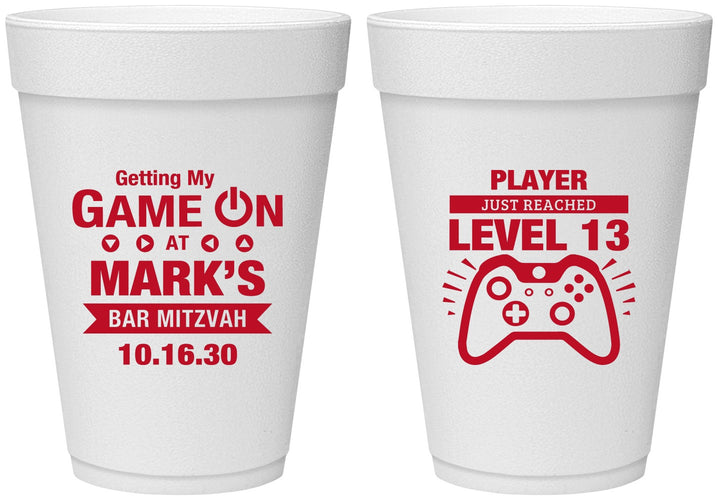 Personalized Bar Mitzvah 16 oz Foam Cups - 13th Birthday Video Game | 110013