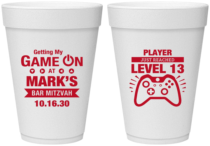 Personalized Bar Mitzvah 16 oz Foam Cups - 13th Birthday Video Game | 110013
