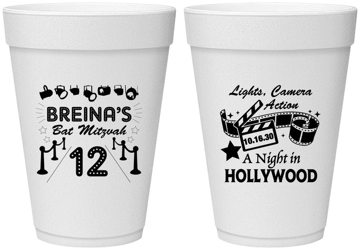 Personalized Bat Mitzvah 16 oz Foam Cups - 12th Birthday Hollywood | 120006