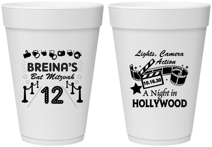 Personalized Bat Mitzvah 16 oz Foam Cups - 12th Birthday Hollywood | 120006