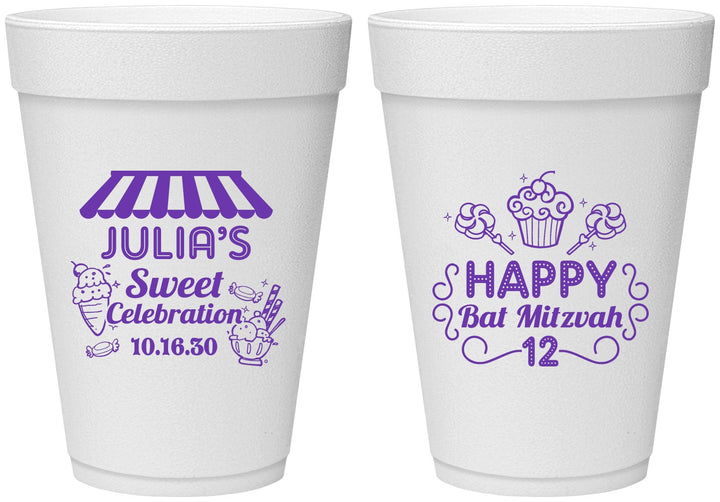 Personalized Bat Mitzvah 16 oz Foam Cups - 12th Birthday Cupcake | 120010