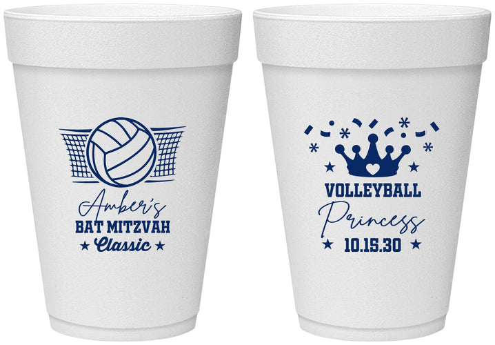 Personalized Bat Mitzvah 16 oz Foam Cups - 12th Birthday Volleyball | 120015