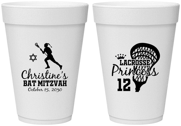 Personalized Bat Mitzvah 16 oz Foam Cups - 12th Birthday Lacrosse | 120017