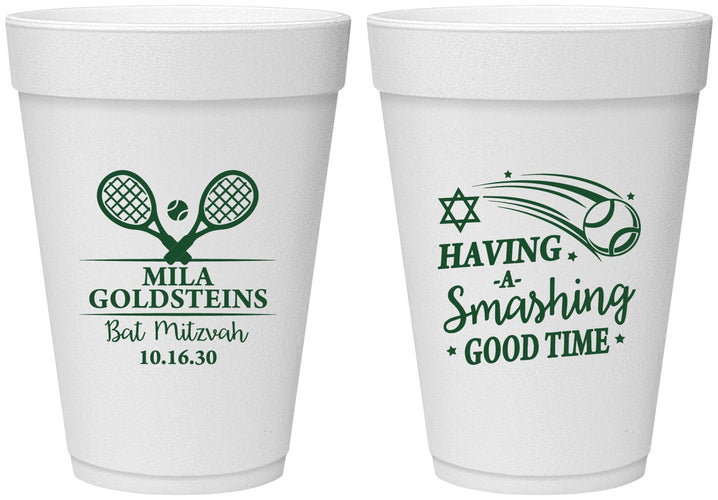 Personalized Bat Mitzvah 16 oz Foam Cups - 12th Birthday Tennis | 120018