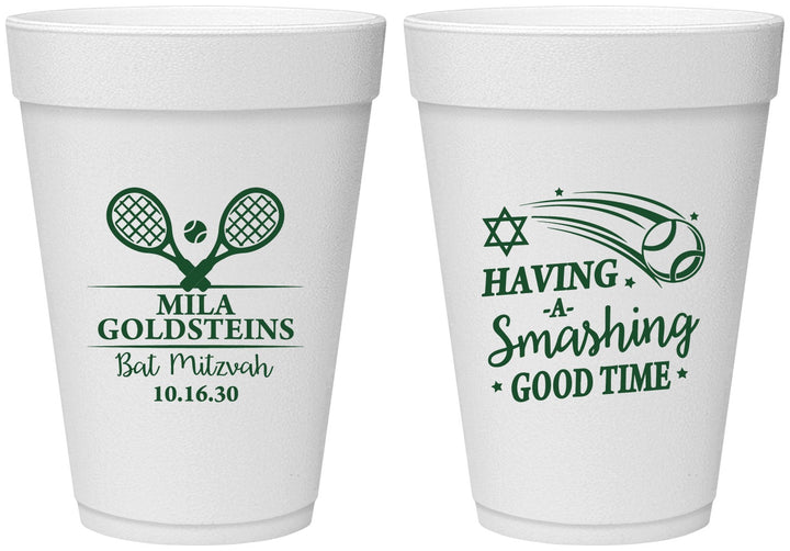 Personalized Bat Mitzvah 16 oz Foam Cups - 12th Birthday Tennis | 120018