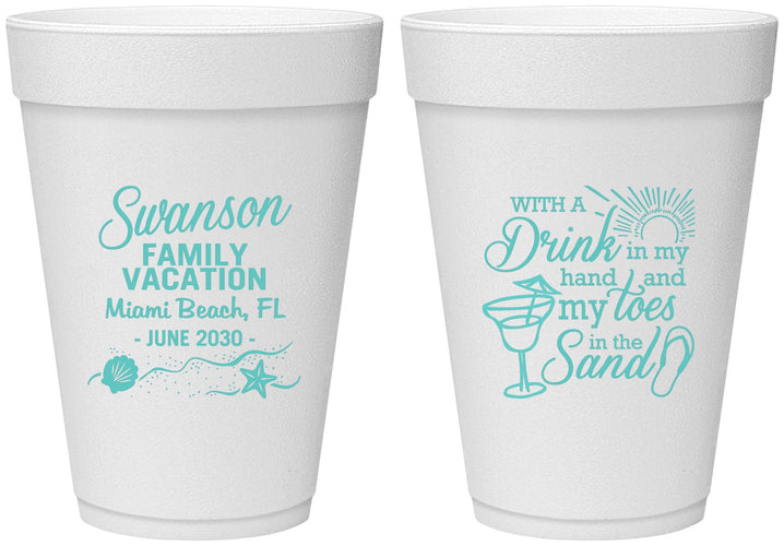 Personalized Family Vacation 16 oz Foam Cups - Beach Toes In The Sand | 180000