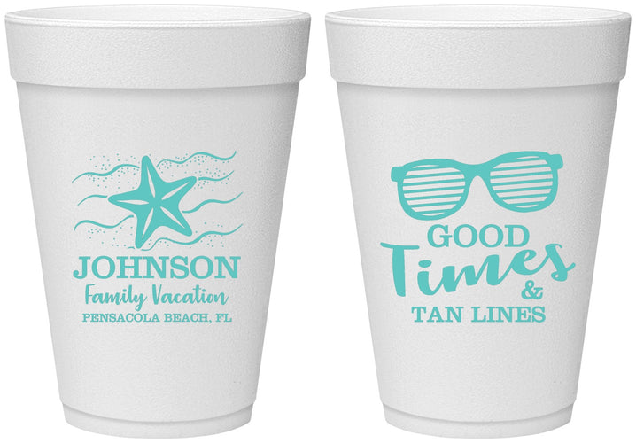 Personalized Family Vacation 16 oz Foam Cups - Good Times Tan Lines | 180003