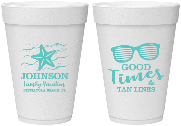 Personalized Family Vacation 16 oz Foam Cups - Good Times Tan Lines | 180003