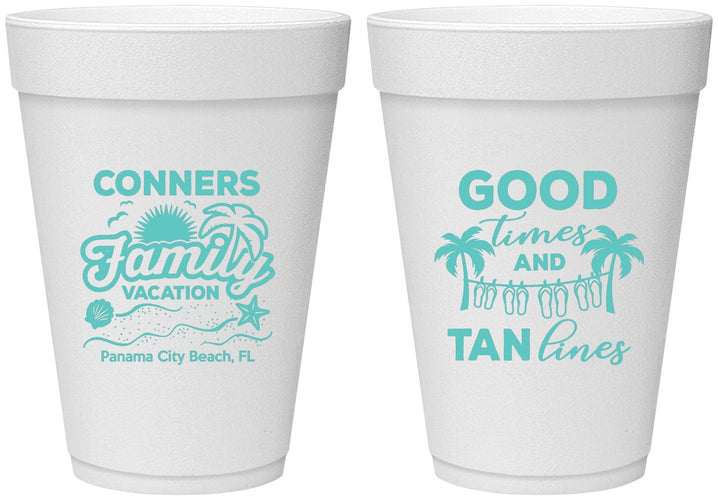 Personalized Family Vacation 16 oz Foam Cups - Good Times Tan Lines | 180005