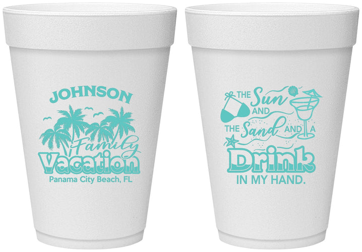 Personalized Family Vacation 16 oz Foam Cups - Sun And Sand Beach | 180007