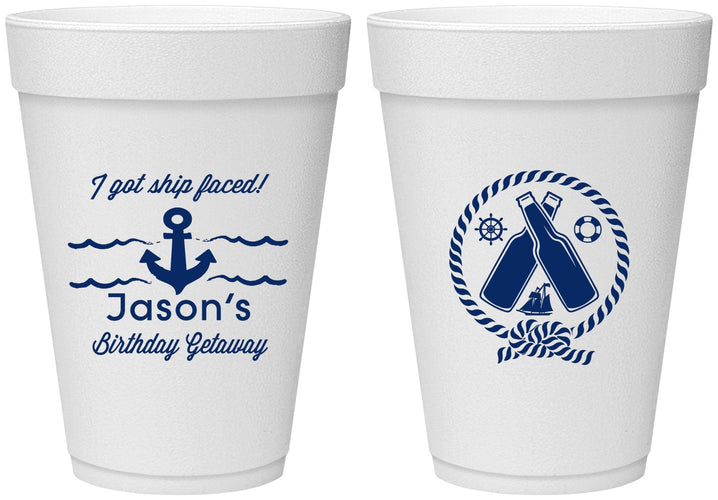 Personalized Birthday 16 oz Foam Cups - Ship Faced Nautical | 20024