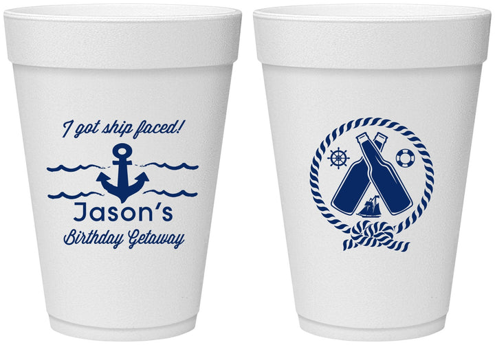 Personalized Birthday 16 oz Foam Cups - Ship Faced Nautical | 20024