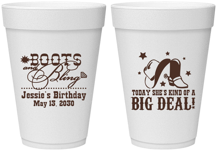 Personalized Birthday 16 oz Foam Cups - Boots And Bling | 20038