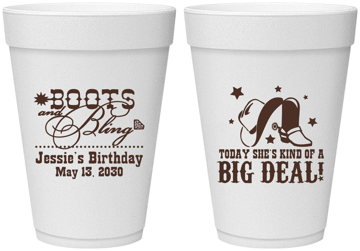 Personalized Birthday 16 oz Foam Cups - Boots And Bling | 20038
