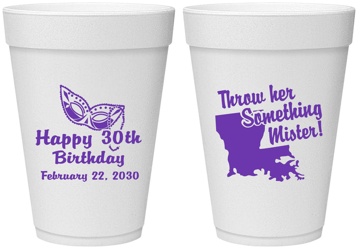 Personalized Birthday 16 oz Foam Cups - 30th Mardi Gras | 20146