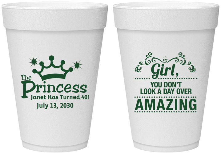 Personalized Birthday 16 oz Foam Cups - 40th Princess | 20152